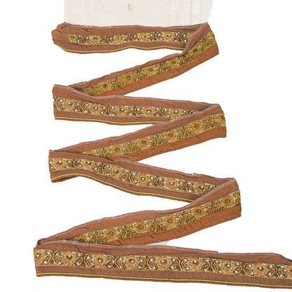 Sanskriti Vintage Brown Silk 1 YD Sari Border Hand Embroidered Craft Trim Lace