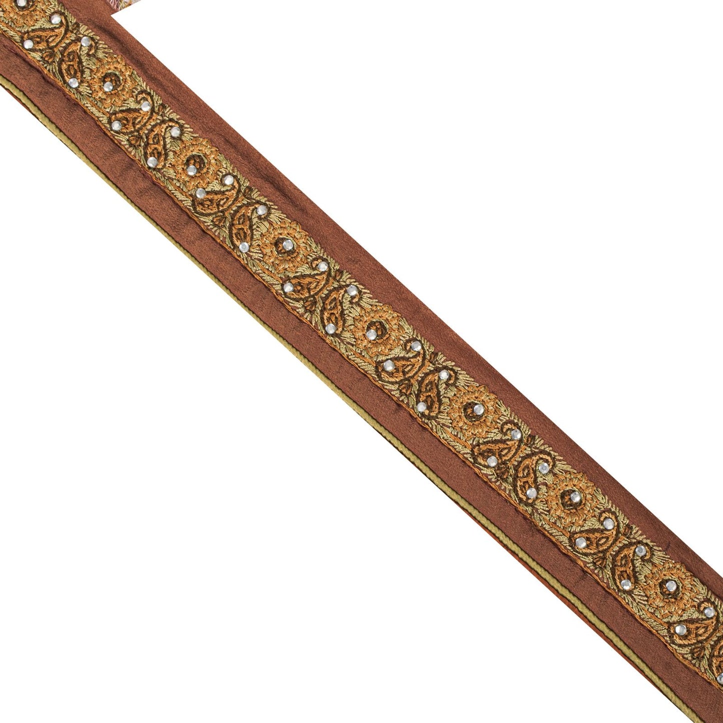 Sanskriti Vintage Brown Silk 1 YD Sari Border Hand Embroidered Craft Trim Lace