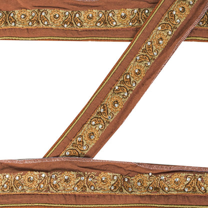 Sanskriti Vintage Brown Silk 1 YD Sari Border Hand Embroidered Craft Trim Lace