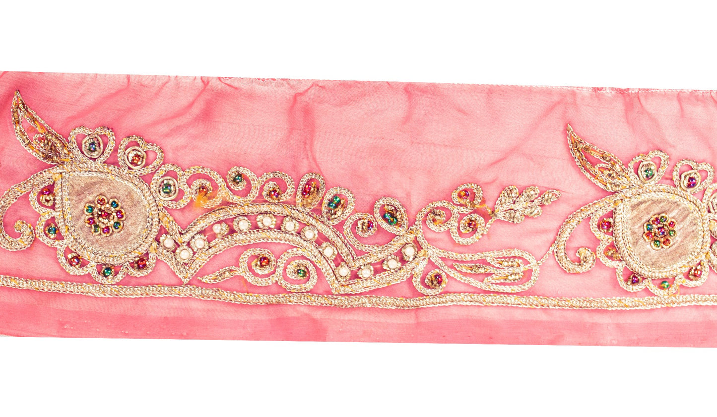 SANSKRITI VINTAGE SAREE BORDER HAND BEADED 1YD TRIM PATCH WORK LACE 2.5W PINK