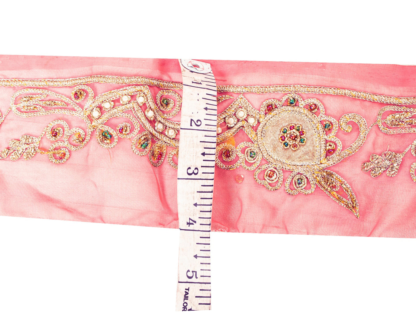 SANSKRITI VINTAGE SAREE BORDER HAND BEADED 1YD TRIM PATCH WORK LACE 2.5W PINK