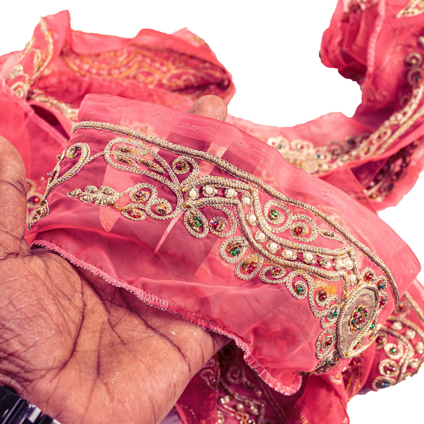 SANSKRITI VINTAGE SAREE BORDER HAND BEADED 1YD TRIM PATCH WORK LACE 2.5W PINK