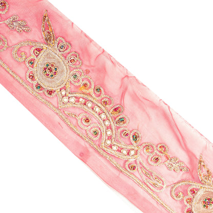 SANSKRITI VINTAGE SAREE BORDER HAND BEADED 1YD TRIM PATCH WORK LACE 2.5W PINK