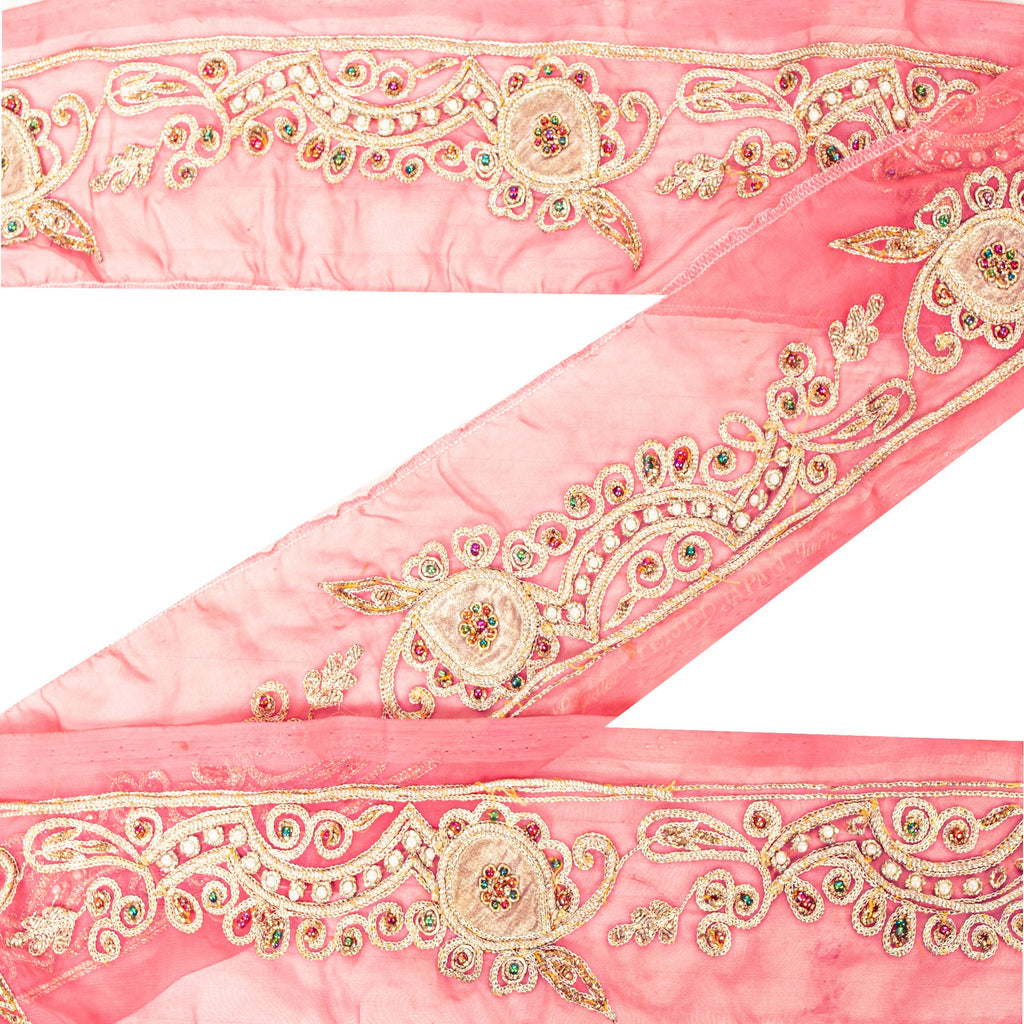 SANSKRITI VINTAGE SAREE BORDER HAND BEADED 1YD TRIM PATCH WORK LACE 2.5W PINK