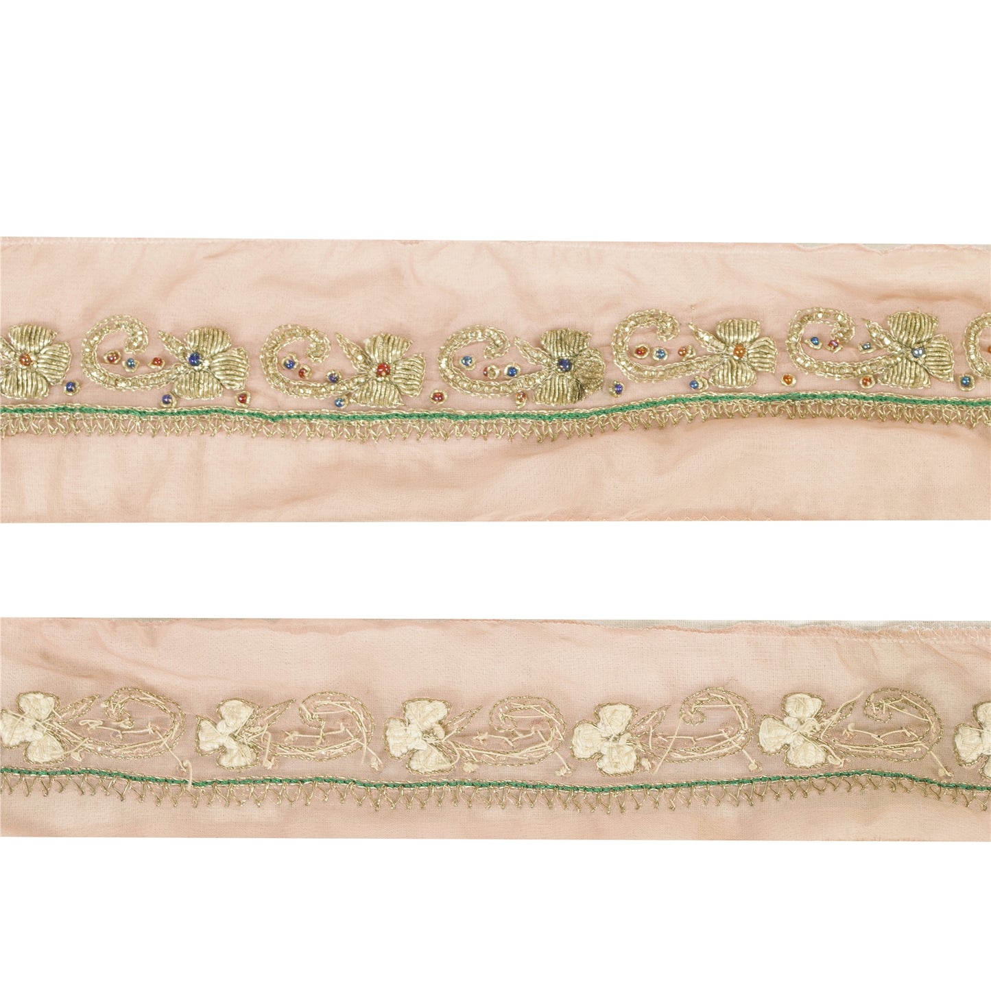 Sanskriti Vintage Sari Border Hand Beaded Zari Zardozi 1YD Craft Trim Peach Lace