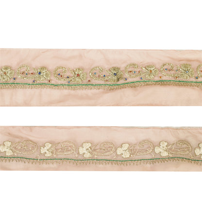 Sanskriti Vintage Sari Border Hand Beaded Zari Zardozi 1YD Craft Trim Peach Lace