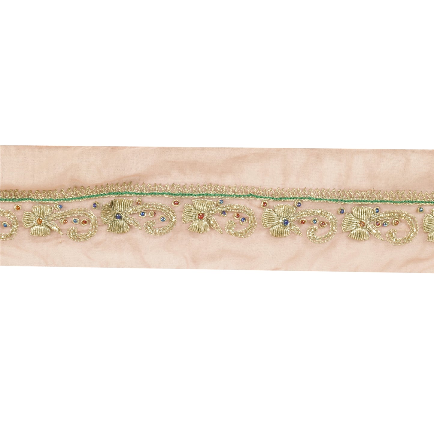 Sanskriti Vintage Sari Border Hand Beaded Zari Zardozi 1YD Craft Trim Peach Lace