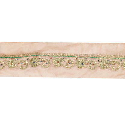 Sanskriti Vintage Sari Border Hand Beaded Zari Zardozi 1YD Craft Trim Peach Lace