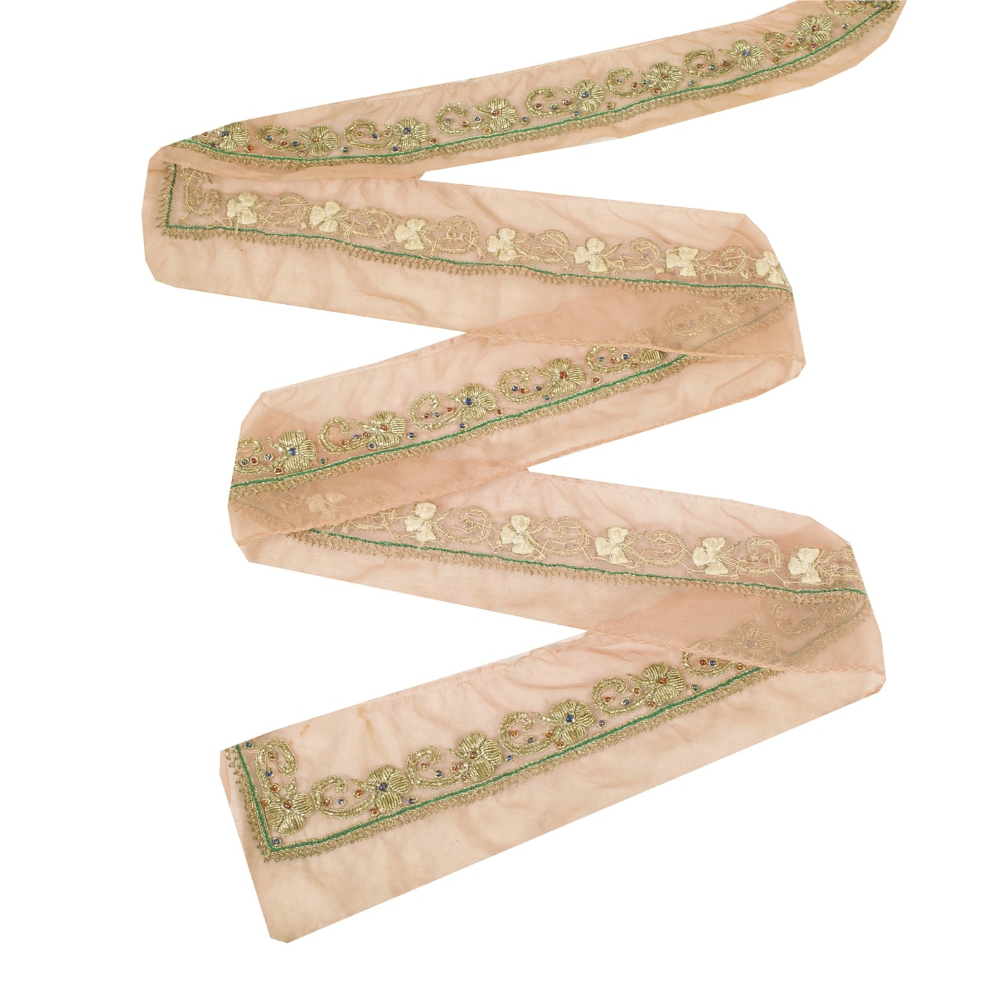 Sanskriti Vintage Sari Border Hand Beaded Zari Zardozi 1YD Craft Trim Peach Lace