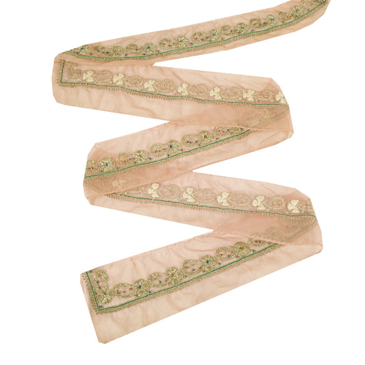 Sanskriti Vintage Sari Border Hand Beaded Zari Zardozi 1YD Craft Trim Peach Lace