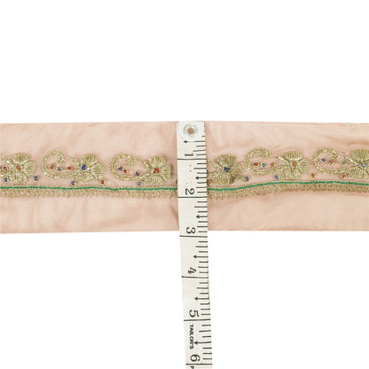 Sanskriti Vintage Sari Border Hand Beaded Zari Zardozi 1YD Craft Trim Peach Lace