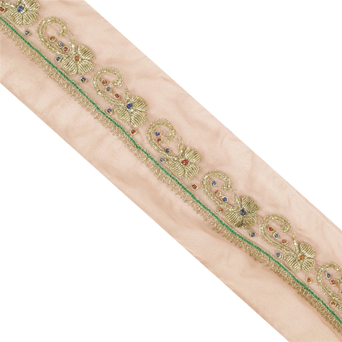 Sanskriti Vintage Sari Border Hand Beaded Zari Zardozi 1YD Craft Trim Peach Lace