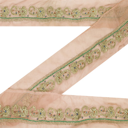 Sanskriti Vintage Sari Border Hand Beaded Zari Zardozi 1YD Craft Trim Peach Lace