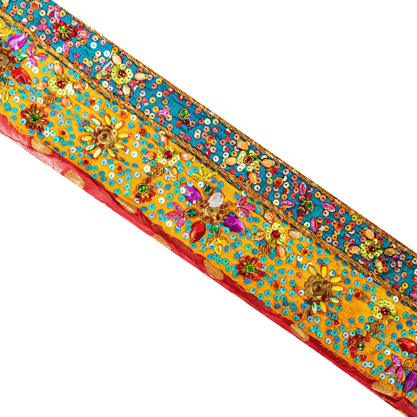 SANSKRITI VINTAGE SAREE BORDER HAND BEADED CRAFT 1YD TRIMS SAFFRON LACE 3.5W