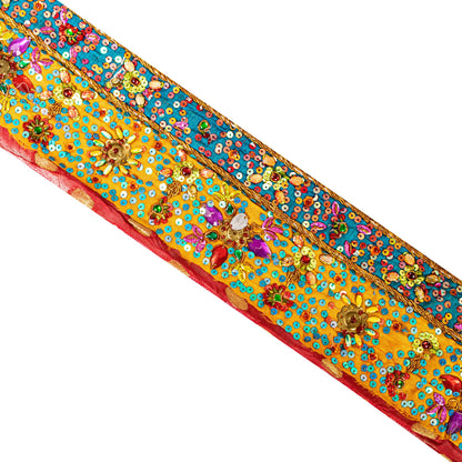 SANSKRITI VINTAGE SAREE BORDER HAND BEADED CRAFT 1YD TRIMS SAFFRON LACE 3.5W