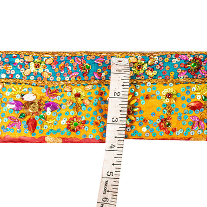 SANSKRITI VINTAGE SAREE BORDER HAND BEADED CRAFT 1YD TRIMS SAFFRON LACE 3.5W