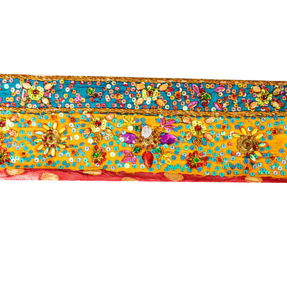 SANSKRITI VINTAGE SAREE BORDER HAND BEADED CRAFT 1YD TRIMS SAFFRON LACE 3.5W