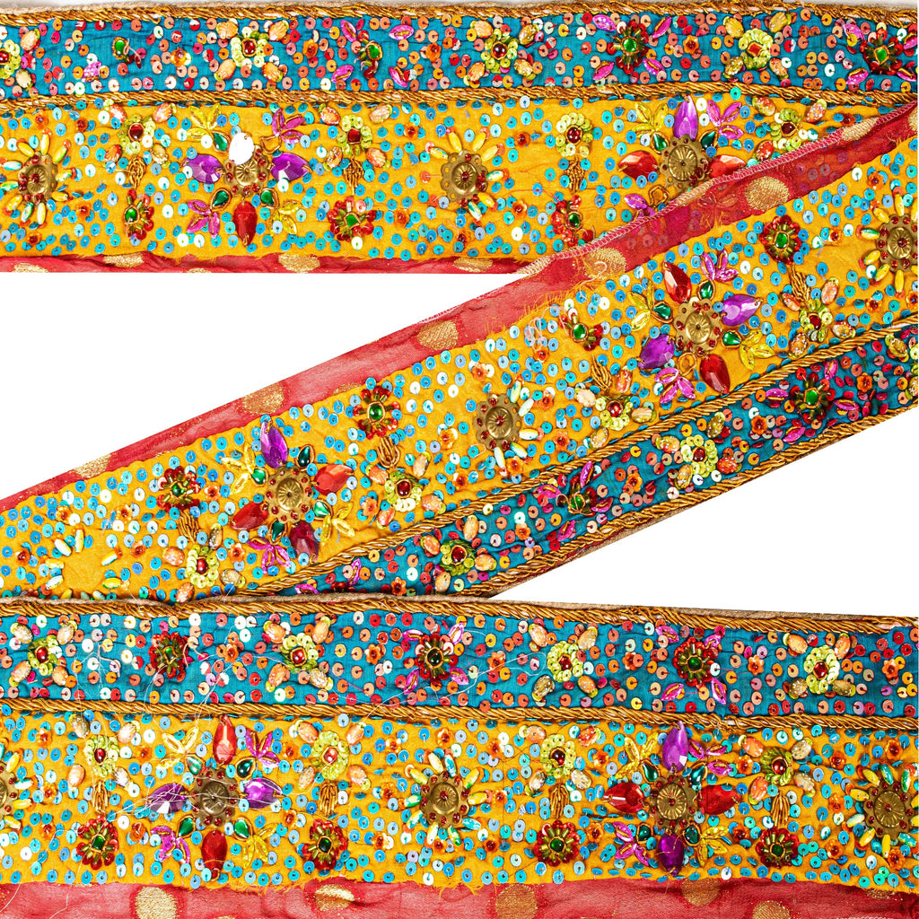 SANSKRITI VINTAGE SAREE BORDER HAND BEADED CRAFT 1YD TRIMS SAFFRON LACE 3.5W