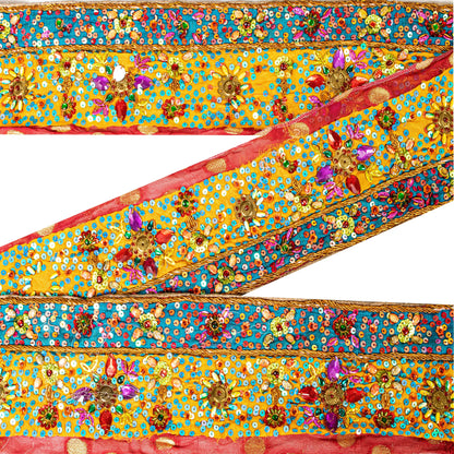 SANSKRITI VINTAGE SAREE BORDER HAND BEADED CRAFT 1YD TRIMS SAFFRON LACE 3.5W