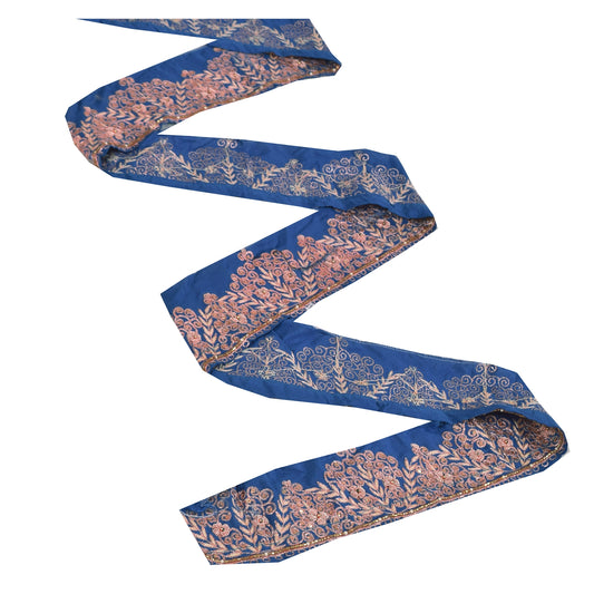 SANSKRITI VINTAGE SAREE BORDER HAND BEADED CRAFT TRIMS 1YD LACE 3.2W  DECOR BLUE