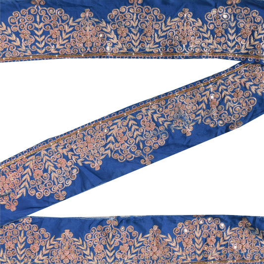 SANSKRITI VINTAGE SAREE BORDER HAND BEADED CRAFT TRIMS 1YD LACE 3.2W  DECOR BLUE