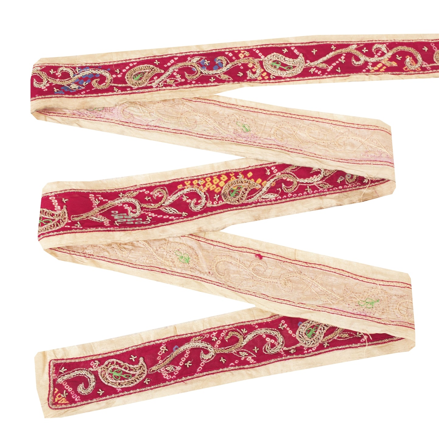 Sanskriti Vintage Sari Border Hand Bead Bandhani Red Zari Zardozi 1 YD Trim Lace