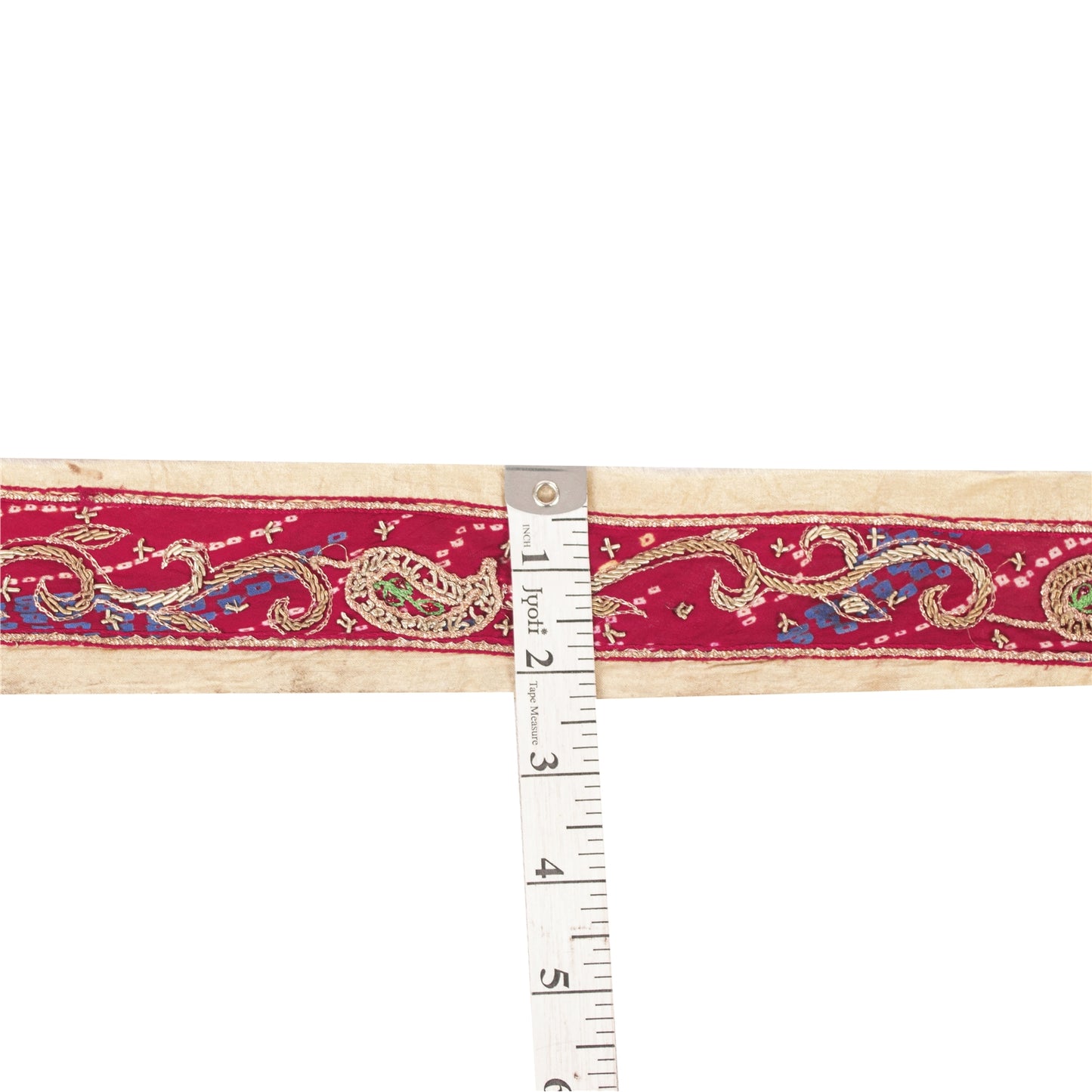 Sanskriti Vintage Sari Border Hand Bead Bandhani Red Zari Zardozi 1 YD Trim Lace