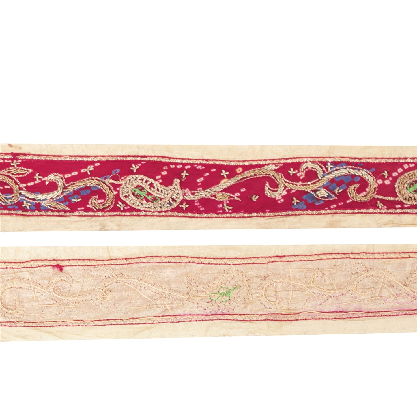 Sanskriti Vintage Sari Border Hand Bead Bandhani Red Zari Zardozi 1 YD Trim Lace