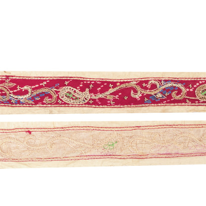 Sanskriti Vintage Sari Border Hand Bead Bandhani Red Zari Zardozi 1 YD Trim Lace