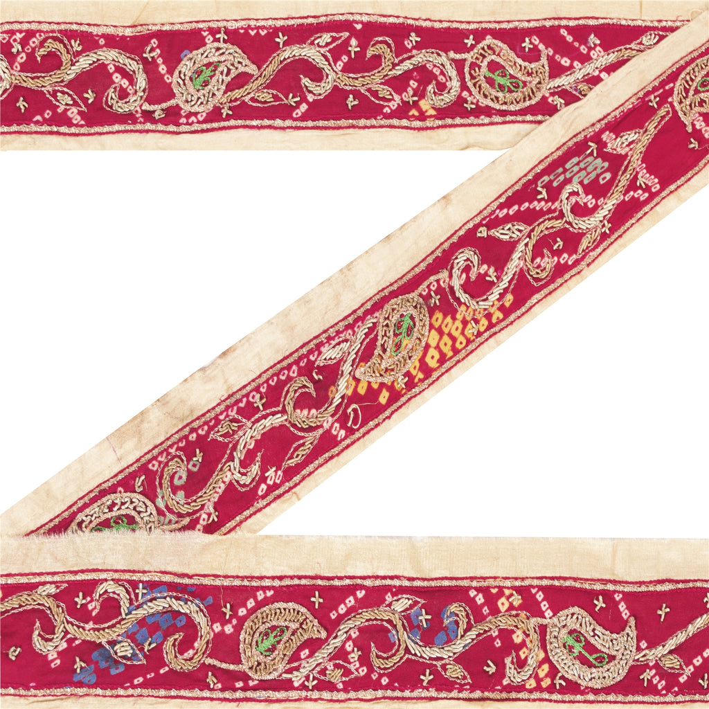 Sanskriti Vintage Sari Border Hand Bead Bandhani Red Zari Zardozi 1 YD Trim Lace