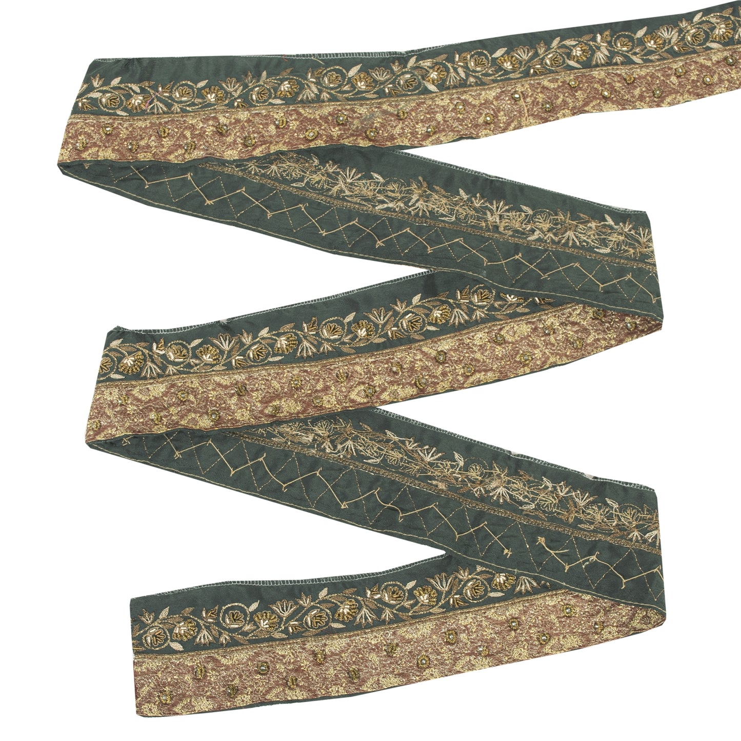 Sanskriti Vintage Sari Border Hand Beaded Zari Zardozi 1YD Craft Trim Green Lace