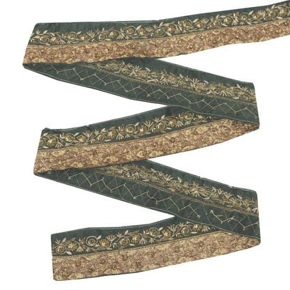 Sanskriti Vintage Sari Border Hand Beaded Zari Zardozi 1YD Craft Trim Green Lace