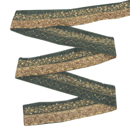 Sanskriti Vintage Sari Border Hand Beaded Zari Zardozi 1YD Craft Trim Green Lace