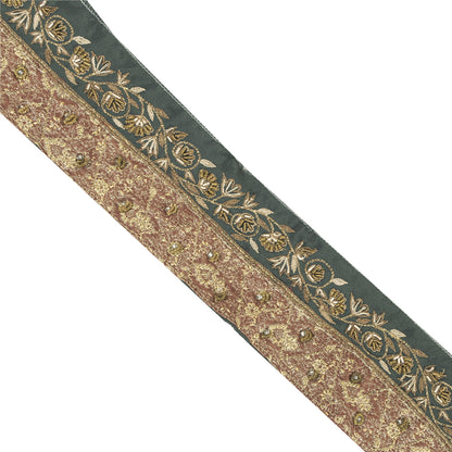 Sanskriti Vintage Sari Border Hand Beaded Zari Zardozi 1YD Craft Trim Green Lace