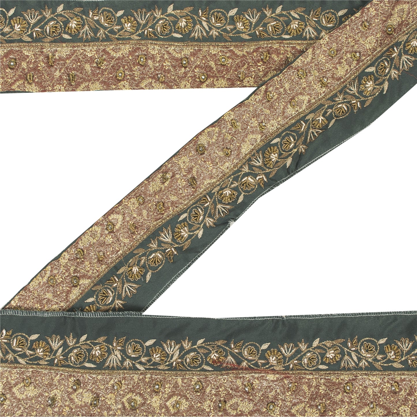 Sanskriti Vintage Sari Border Hand Beaded Zari Zardozi 1YD Craft Trim Green Lace