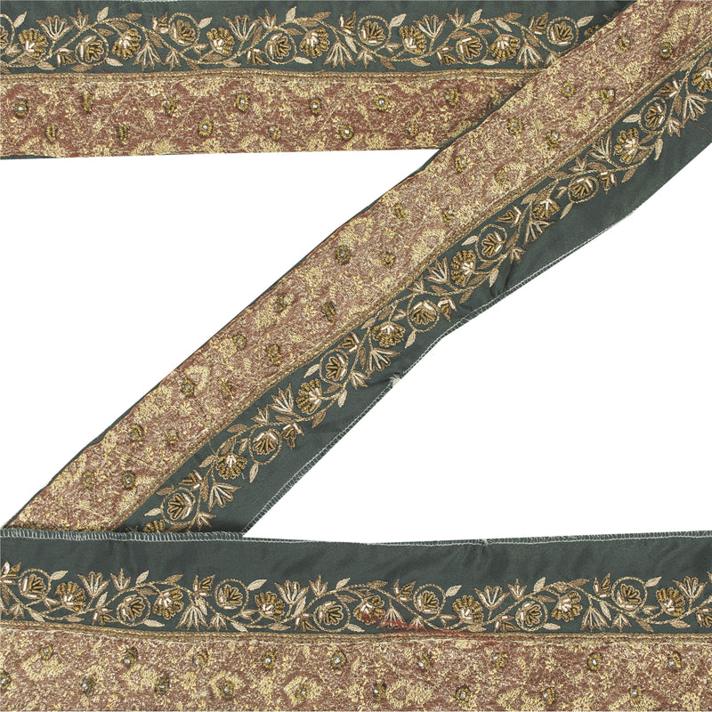 Sanskriti Vintage Sari Border Hand Beaded Zari Zardozi 1YD Craft Trim Green Lace