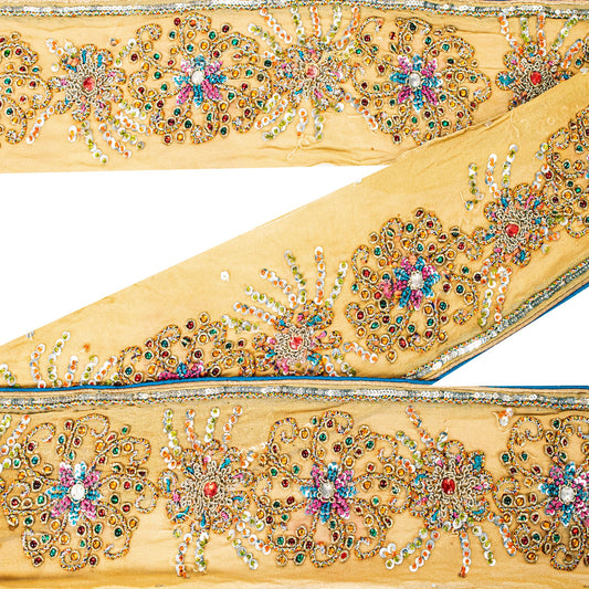 SANSKRITI VINTAGE SAREE BORDER HAND BEADED 1YD TRIMS DECOR LACE 3.5W GREEN