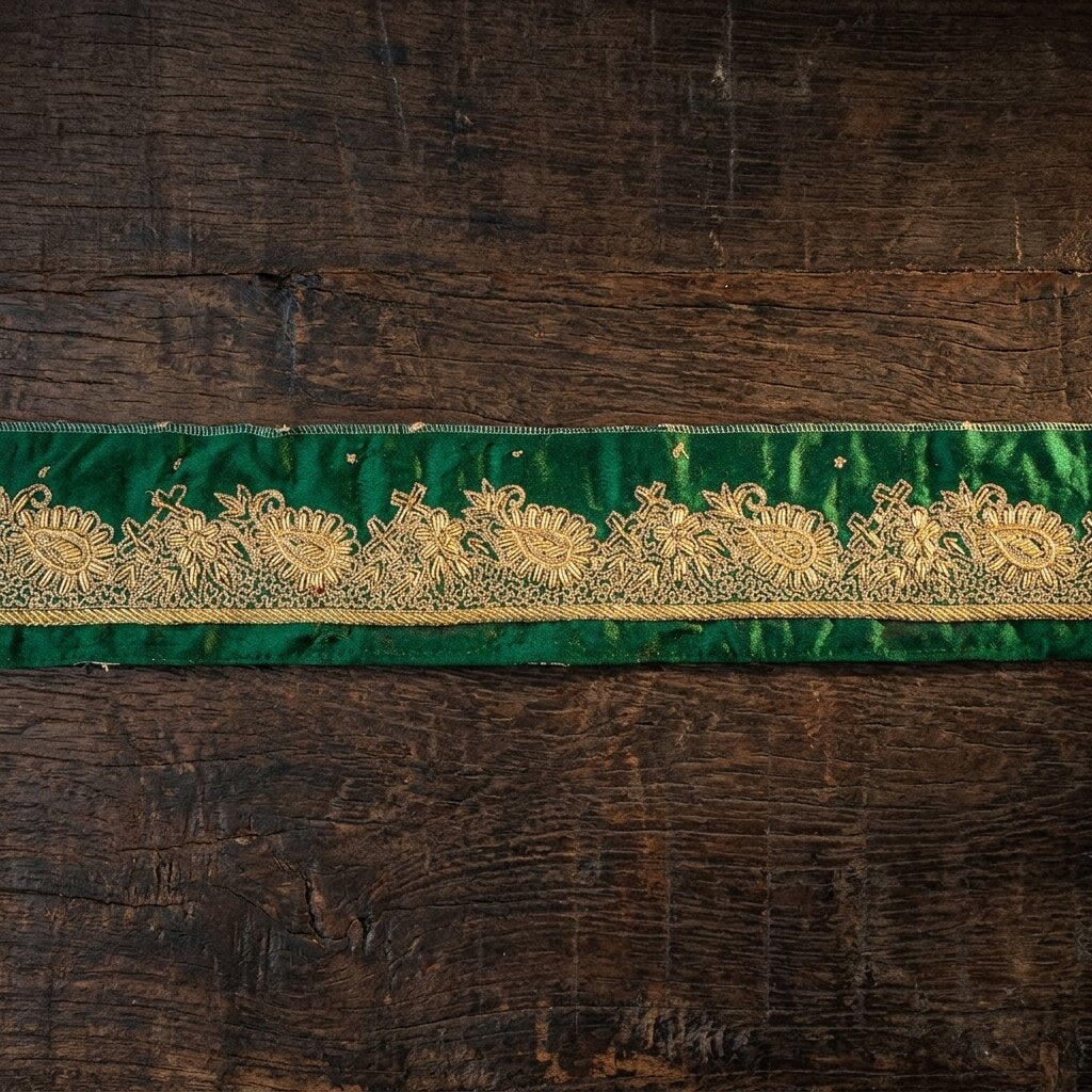 Sanskriti Vintage Green Satin Silk 3 YD Sari Border Hand Embroidered Zari Trim