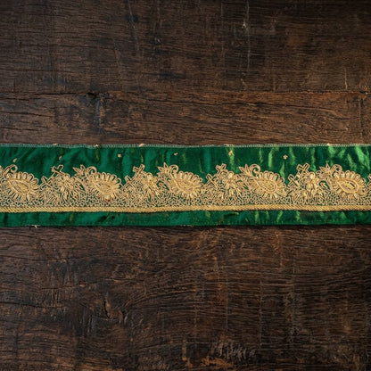 Sanskriti Vintage Green Satin Silk 3 YD Sari Border Hand Embroidered Zari Trim