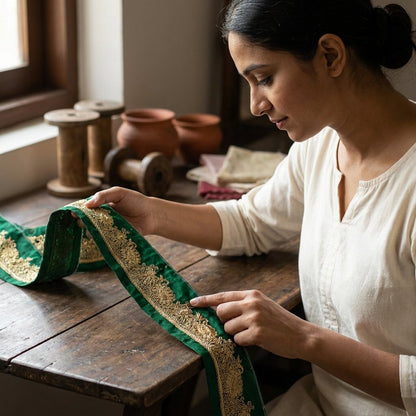 Sanskriti Vintage Green Satin Silk 3 YD Sari Border Hand Embroidered Zari Trim