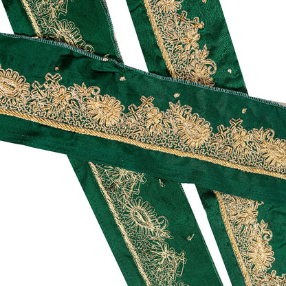 Sanskriti Vintage Green Satin Silk 3 YD Sari Border Hand Embroidered Zari Trim