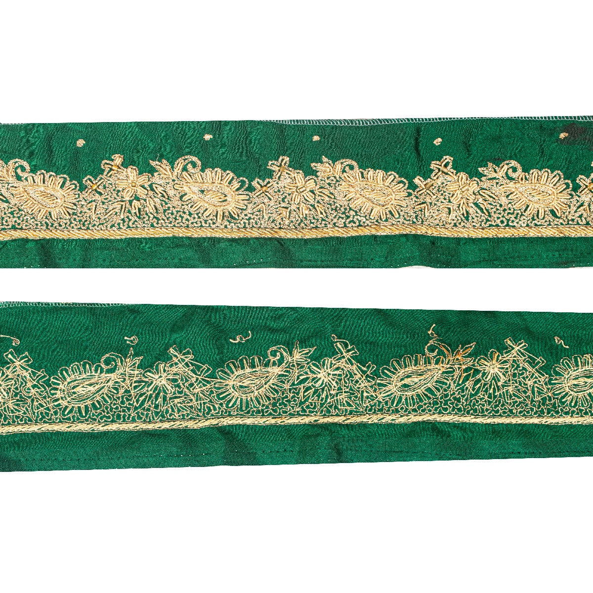 Sanskriti Vintage Green Satin Silk 3 YD Sari Border Hand Embroidered Zari Trim