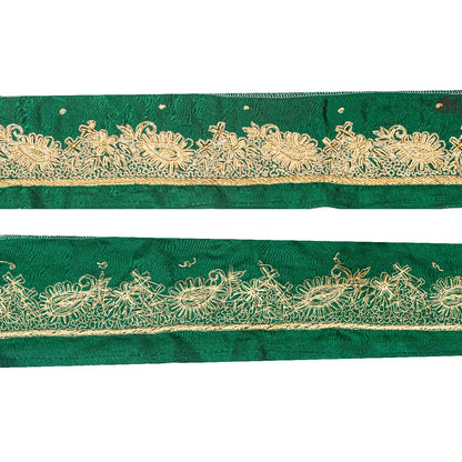 Sanskriti Vintage Green Satin Silk 3 YD Sari Border Hand Embroidered Zari Trim