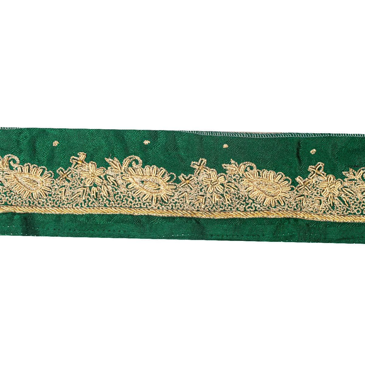 Sanskriti Vintage Green Satin Silk 3 YD Sari Border Hand Embroidered Zari Trim