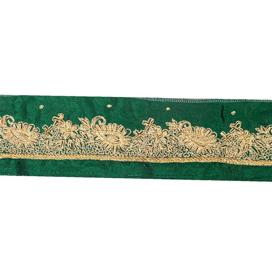 Sanskriti Vintage Green Satin Silk 3 YD Sari Border Hand Embroidered Zari Trim