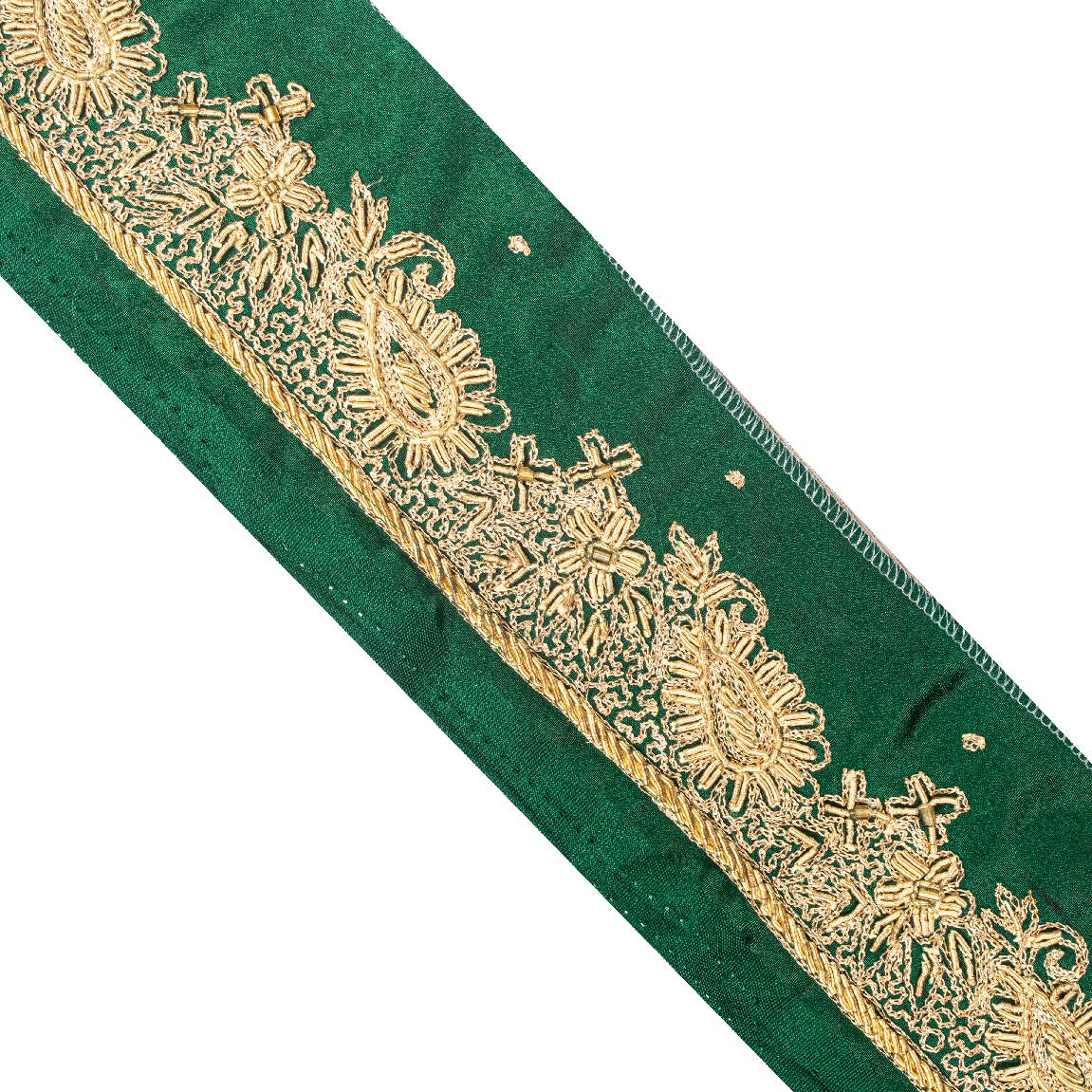 Sanskriti Vintage Green Satin Silk 3 YD Sari Border Hand Embroidered Zari Trim