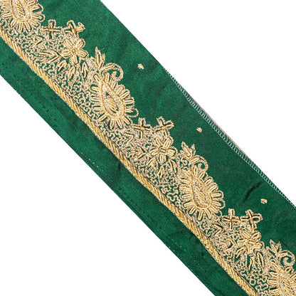 Sanskriti Vintage Green Satin Silk 3 YD Sari Border Hand Embroidered Zari Trim