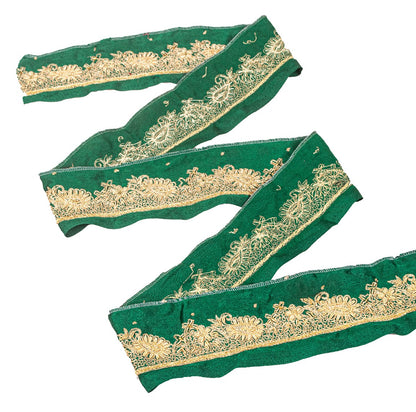 Sanskriti Vintage Green Satin Silk 3 YD Sari Border Hand Embroidered Zari Trim
