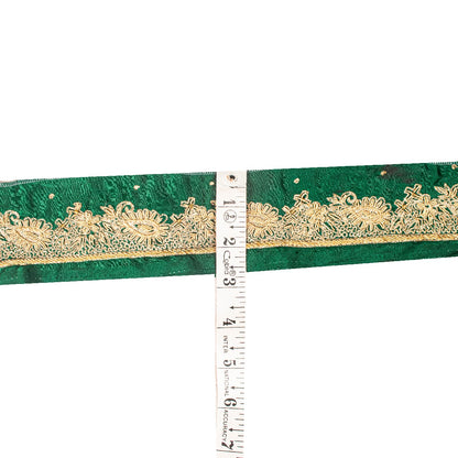 Sanskriti Vintage Green Satin Silk 3 YD Sari Border Hand Embroidered Zari Trim