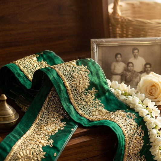 Sanskriti Vintage Green Satin Silk 3 YD Sari Border Hand Embroidered Zari Trim